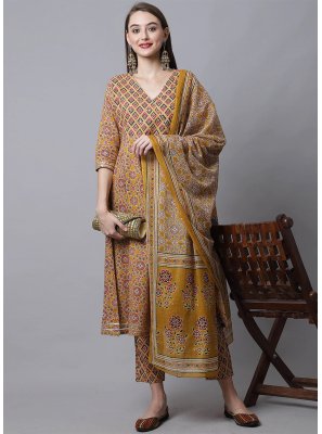 Cotton Mustard Printed Readymade Salwar Suit