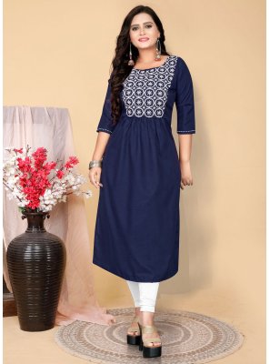 Cotton Navy Blue Embroidered Party Wear Kurti