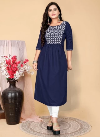 Cotton Navy Blue Embroidered Party Wear Kurti
