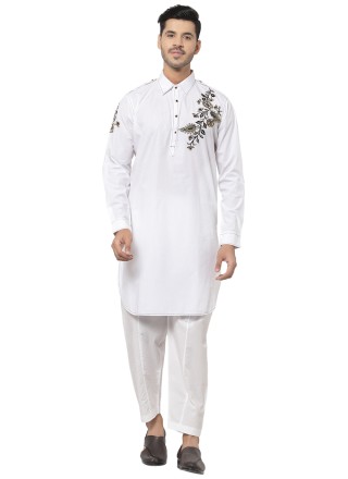 Cotton Off White Embroidered Kurta Pyjama