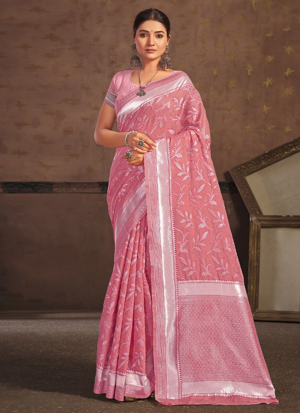 Cotton Pink Embroidered Classic Saree