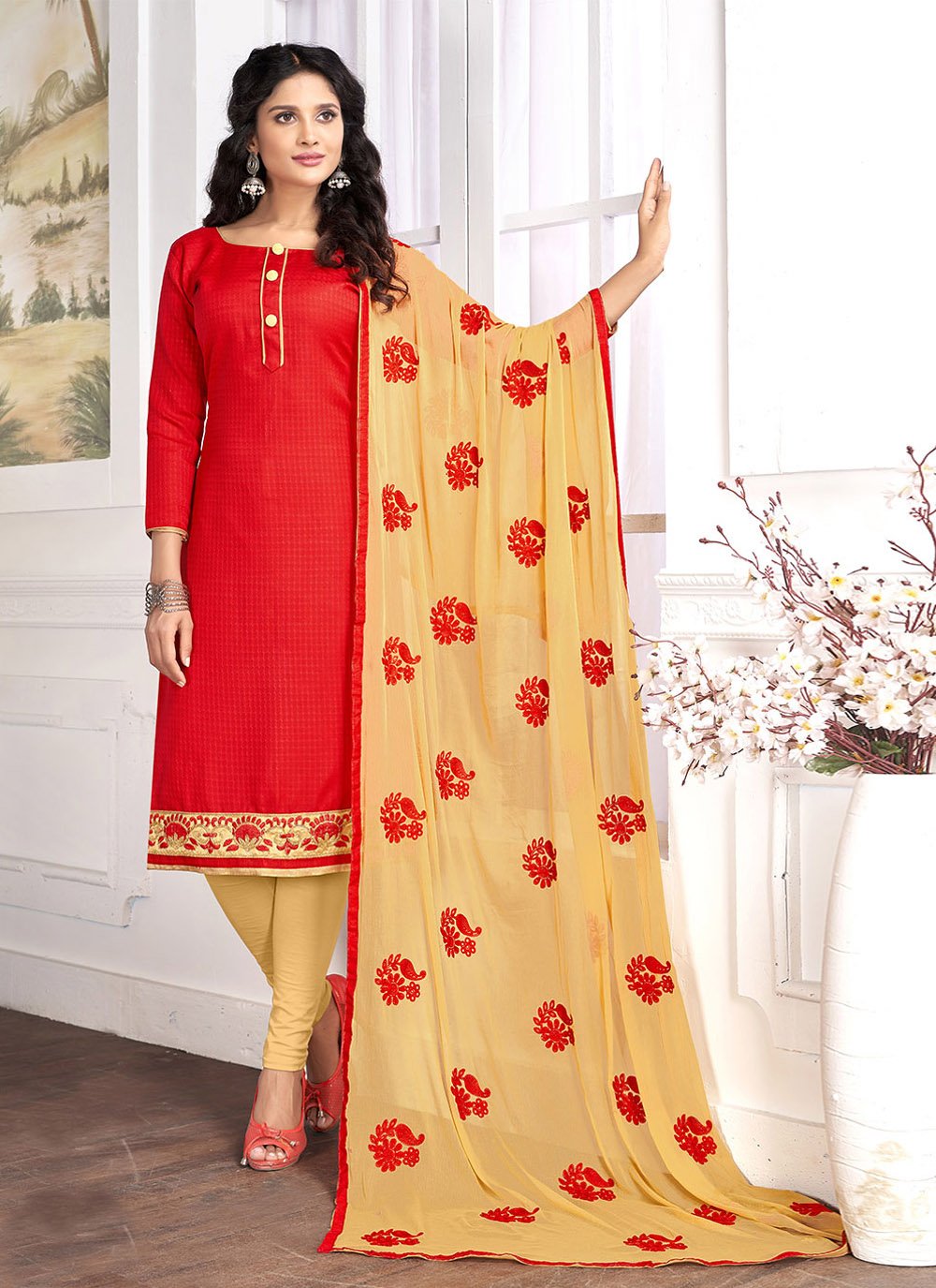 Cotton Plain Salwar Suit in Red