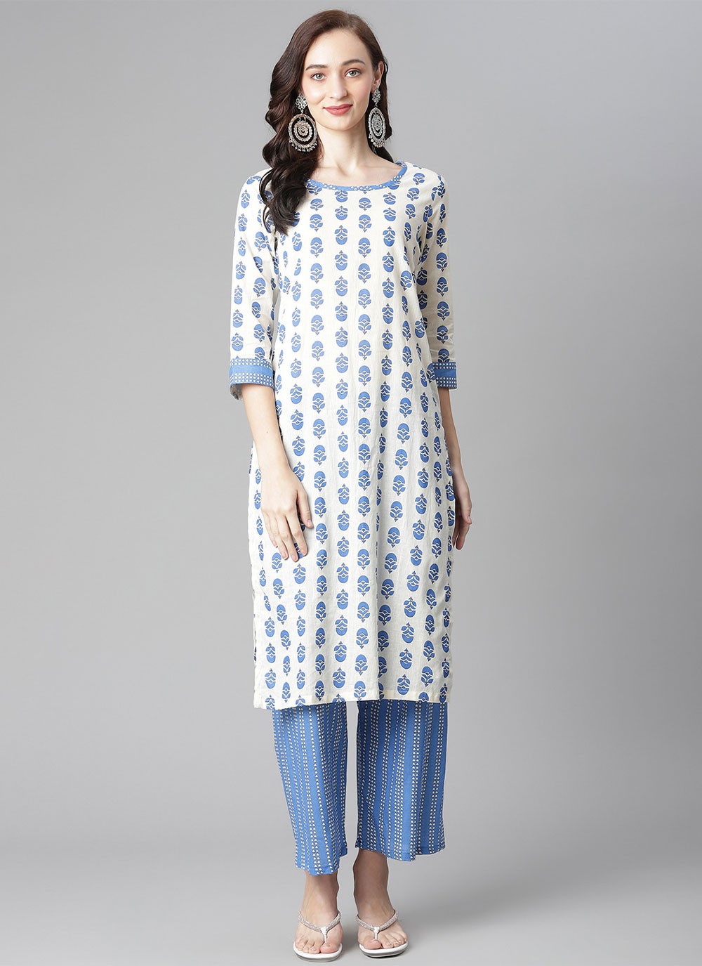 Cotton Printed Casual Kurti in Blue and White