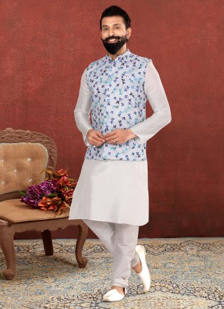 Cotton Printed Kurta Payjama With Jacket in Off White and Silver