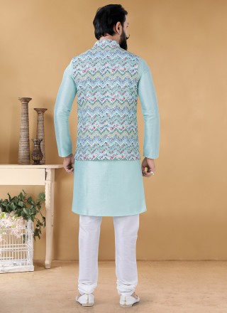 Cotton Printed Kurta Payjama With Jacket in Turquoise