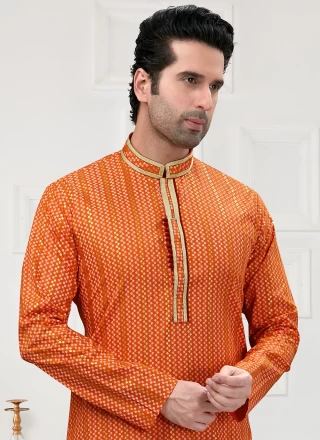 Cotton Printed Kurta Pyjama in Orange