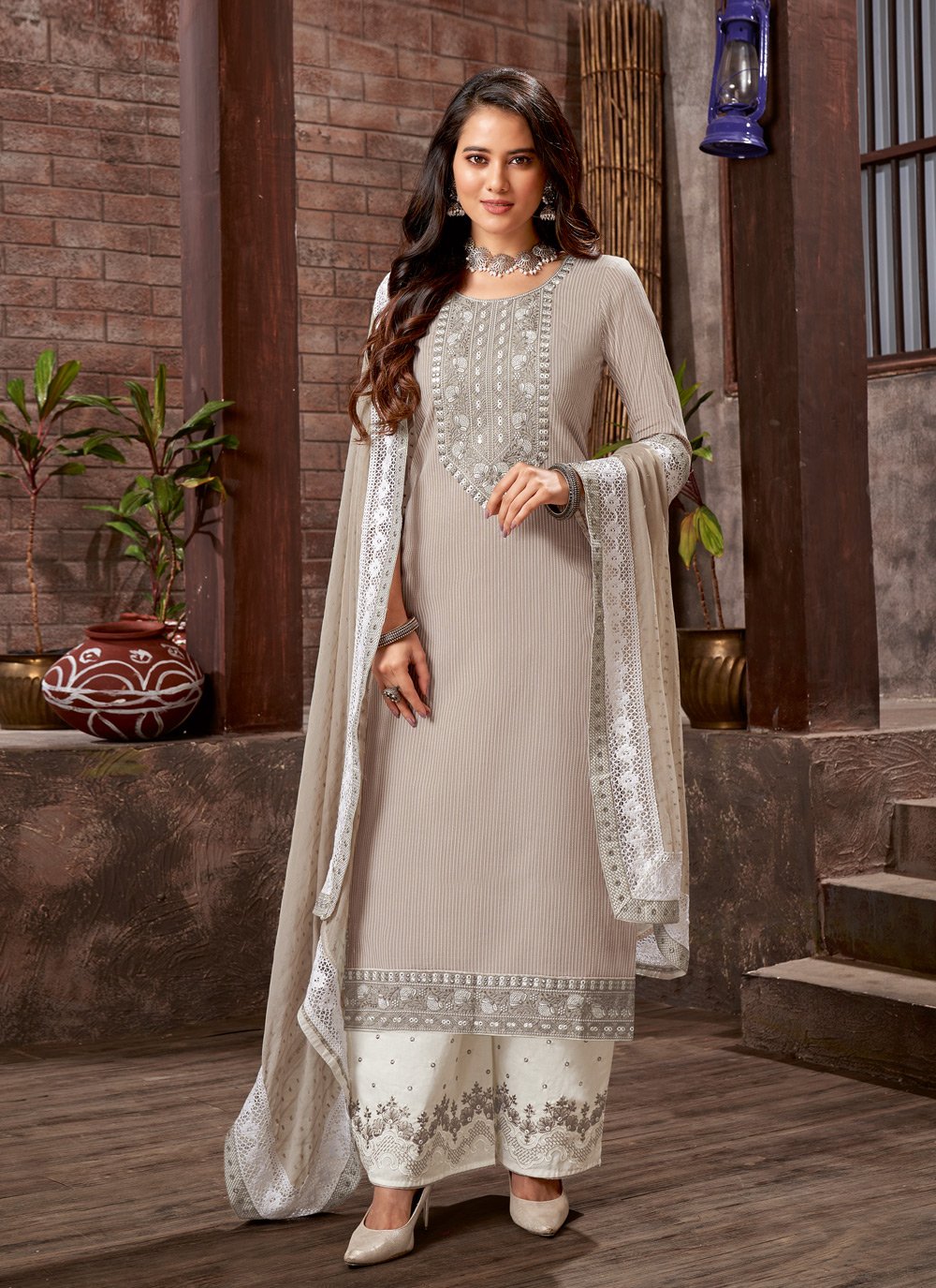 Shop Cotton Satin Grey Embroidered Designer Palazzo Salwar Kameez Online 239099