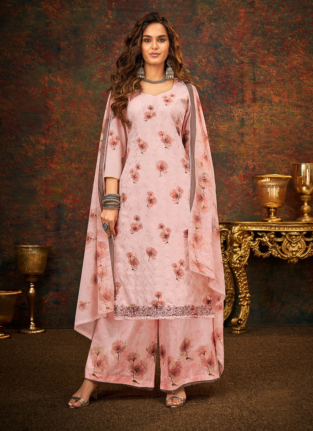 Buy Cotton Satin Printed Designer Palazzo Salwar Kameez in Pink