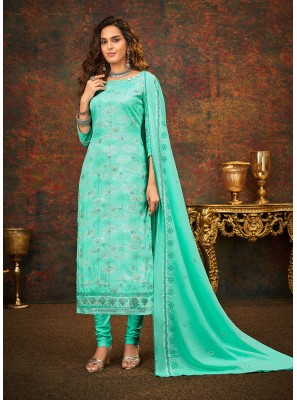 Cotton Satin Printed Turquoise Churidar Designer Suit