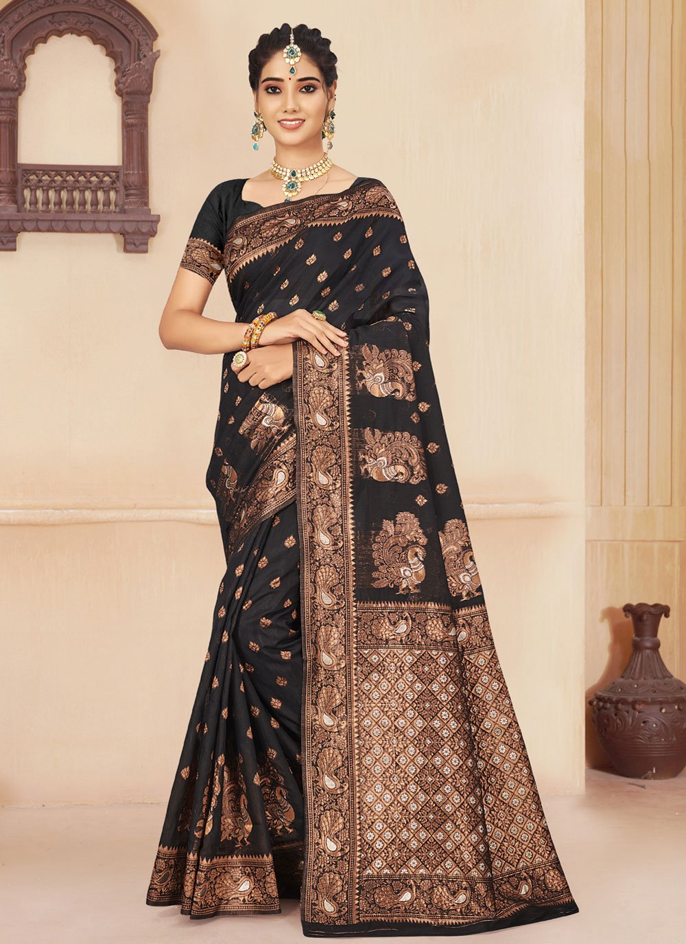Cotton Silk Black Embroidered Casual Saree