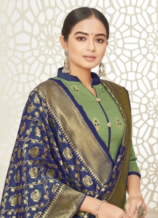 Cotton Silk Blue and Green Weaving Churidar Salwar Suit