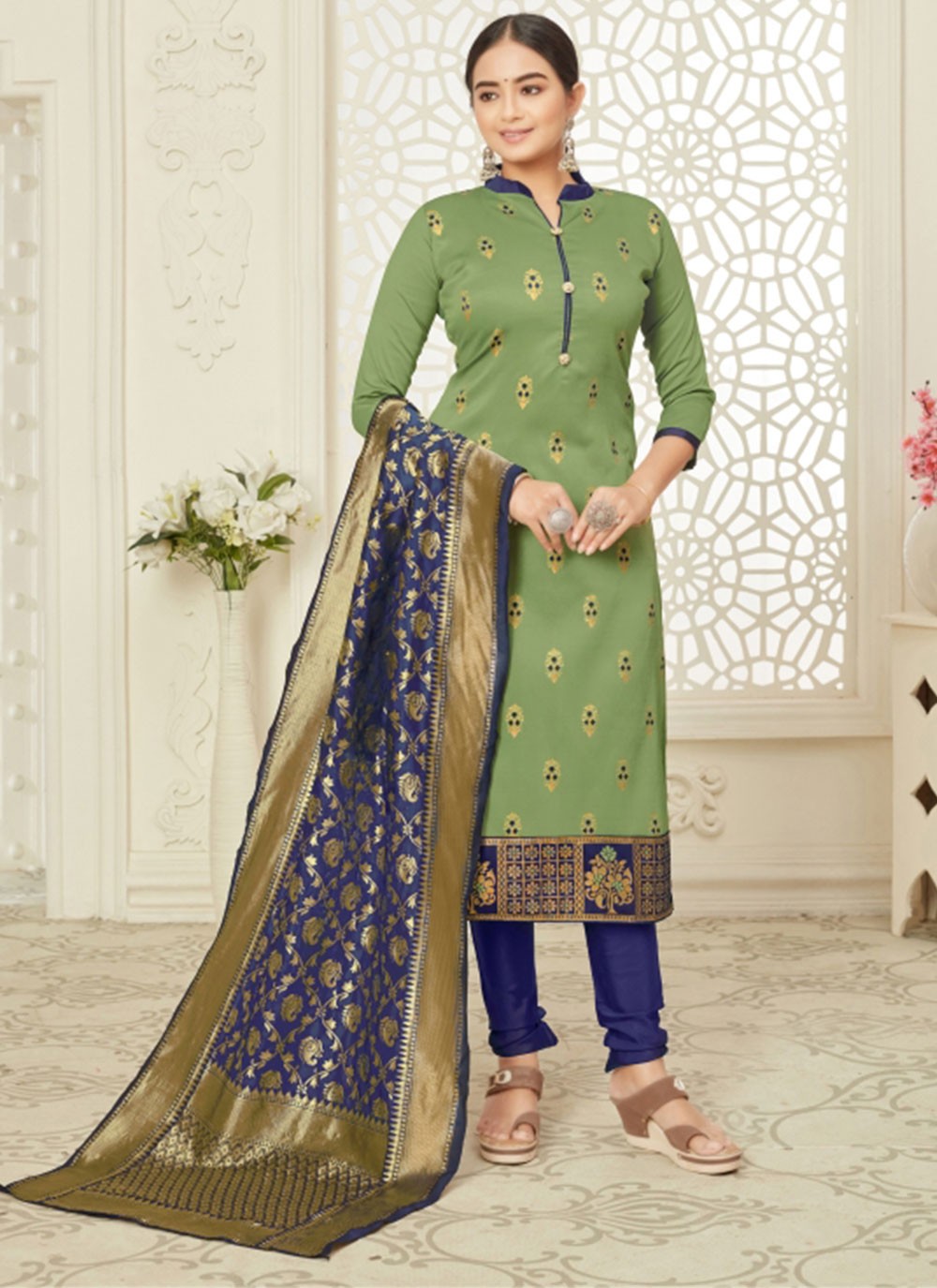 Cotton Silk Blue and Green Weaving Churidar Salwar Suit