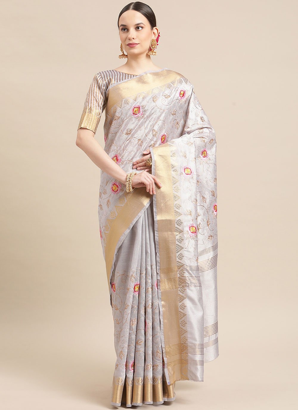 Cotton Silk Grey Designer Traditional Saree