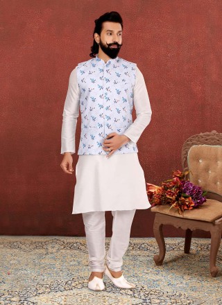 Cotton Silk Printed Kurta Payjama With Jacket in Off White and Silver
