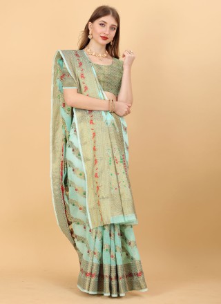 Cotton Silk Turquoise Zari Casual Saree