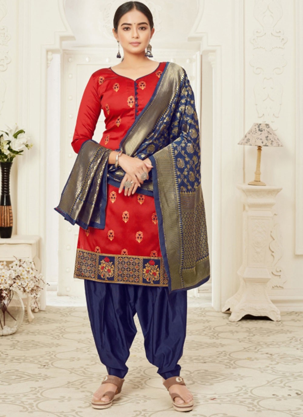 Buy Cotton Silk Weaving Punjabi Suit in Blue and Red : 213833 -