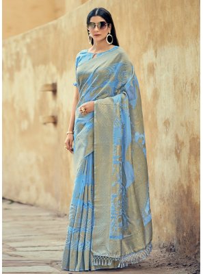Cotton Silk Zari Aqua Blue Classic Saree