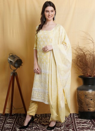 Cotton Yellow Embroidered Salwar Suit