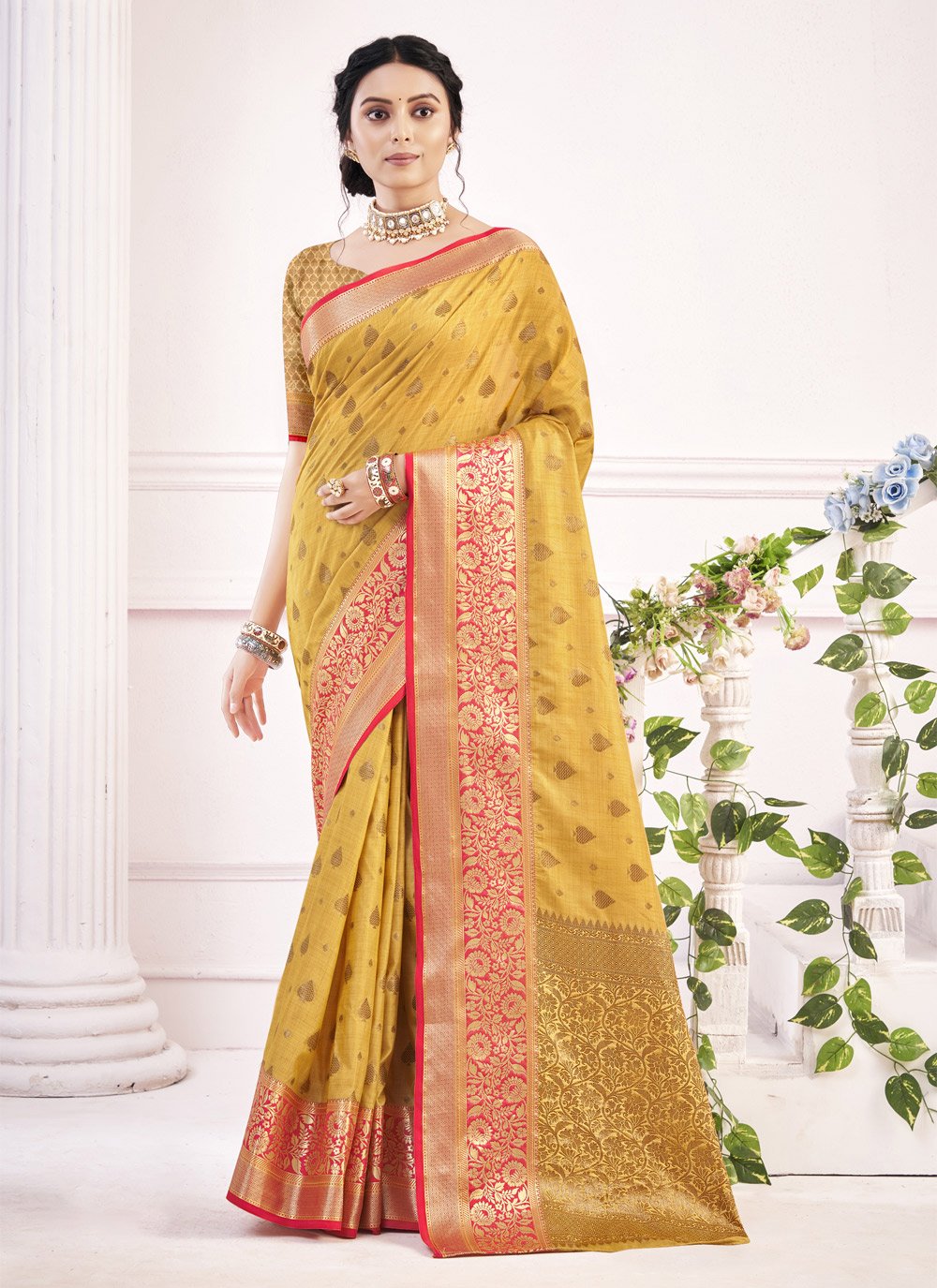 Cotton Yellow Embroidered Trendy Saree