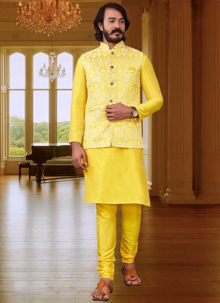 Cotton Yellow Kurta Payjama With Jacket