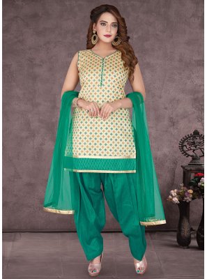 Cream and Green Fancy Designer Patiala Suit