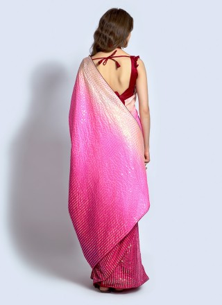 Cream and Hot Pink Sequins Georgette Shaded Saree