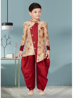 Cream and Maroon Jacquard Indo Western Sherwani