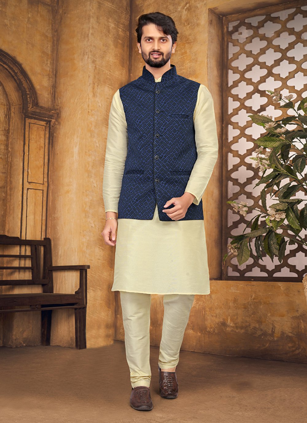 Navy blue kurta sales with waistcoat