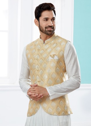 Cream and Off White Jacquard Work Banarasi Silk Indo Western