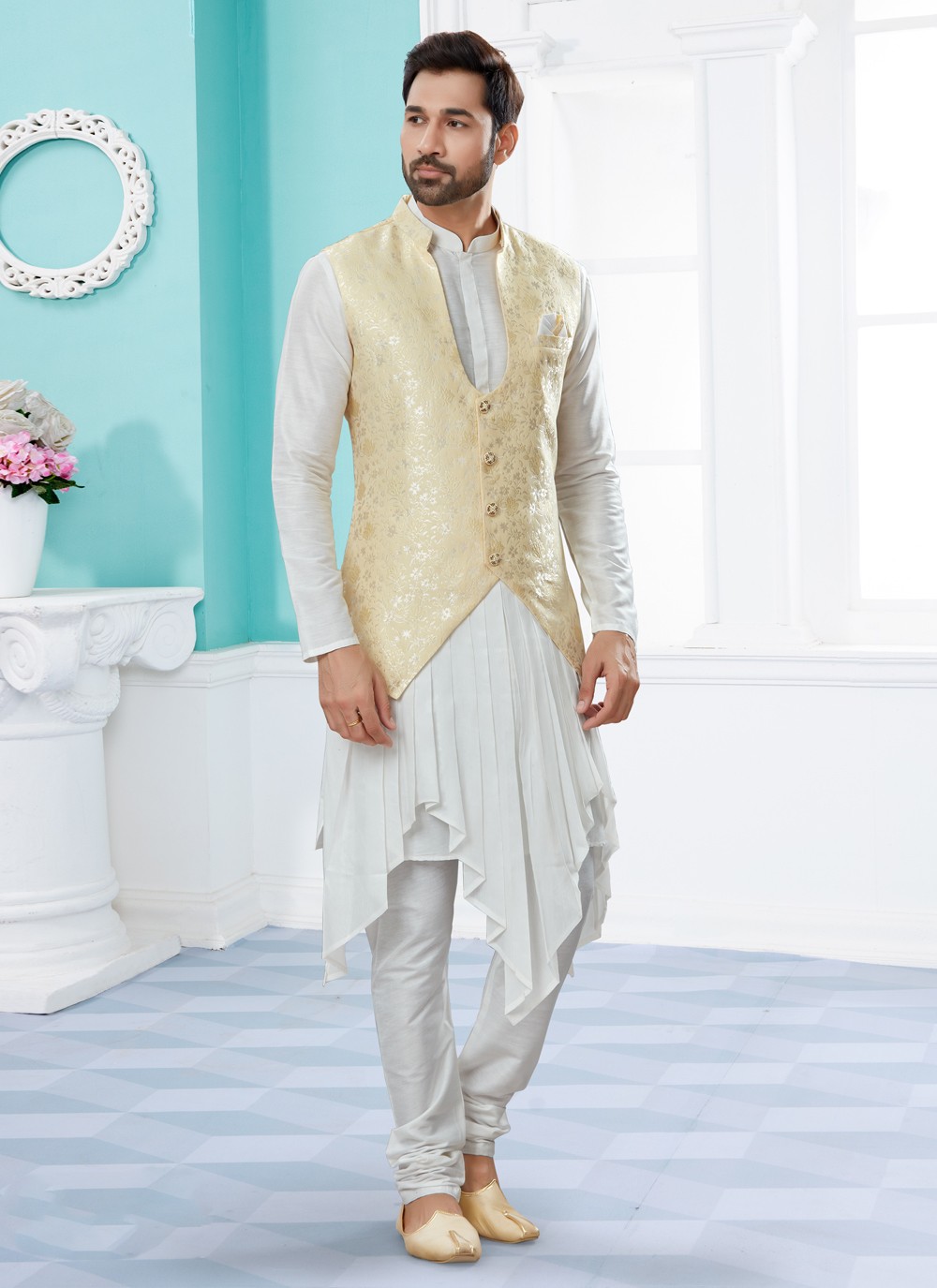 Cream and Off White Jacquard Work Ceremonial Indo Western