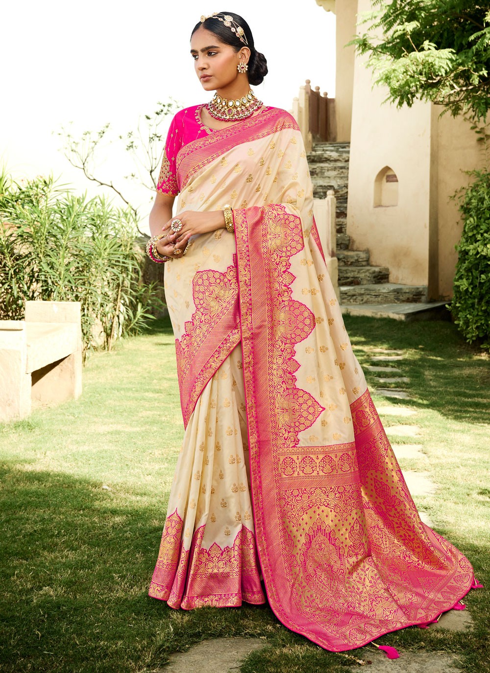 Pink & Cream Kanjivaram Silk Saree With Zari Weaving Work – Bahuji - Online  Fashion & Lifestyle Store