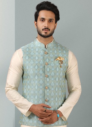 Cream and Turquoise Embroidered Banarasi Silk Kurta Payjama With Jacket