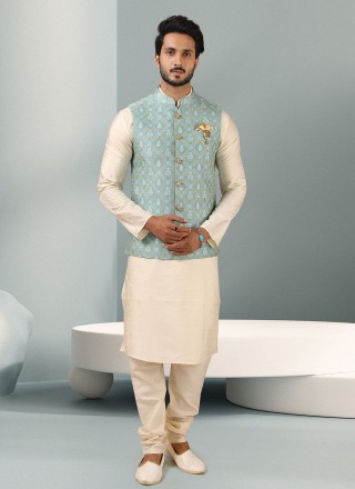 Cream and Turquoise Embroidered Banarasi Silk Kurta Payjama With Jacket