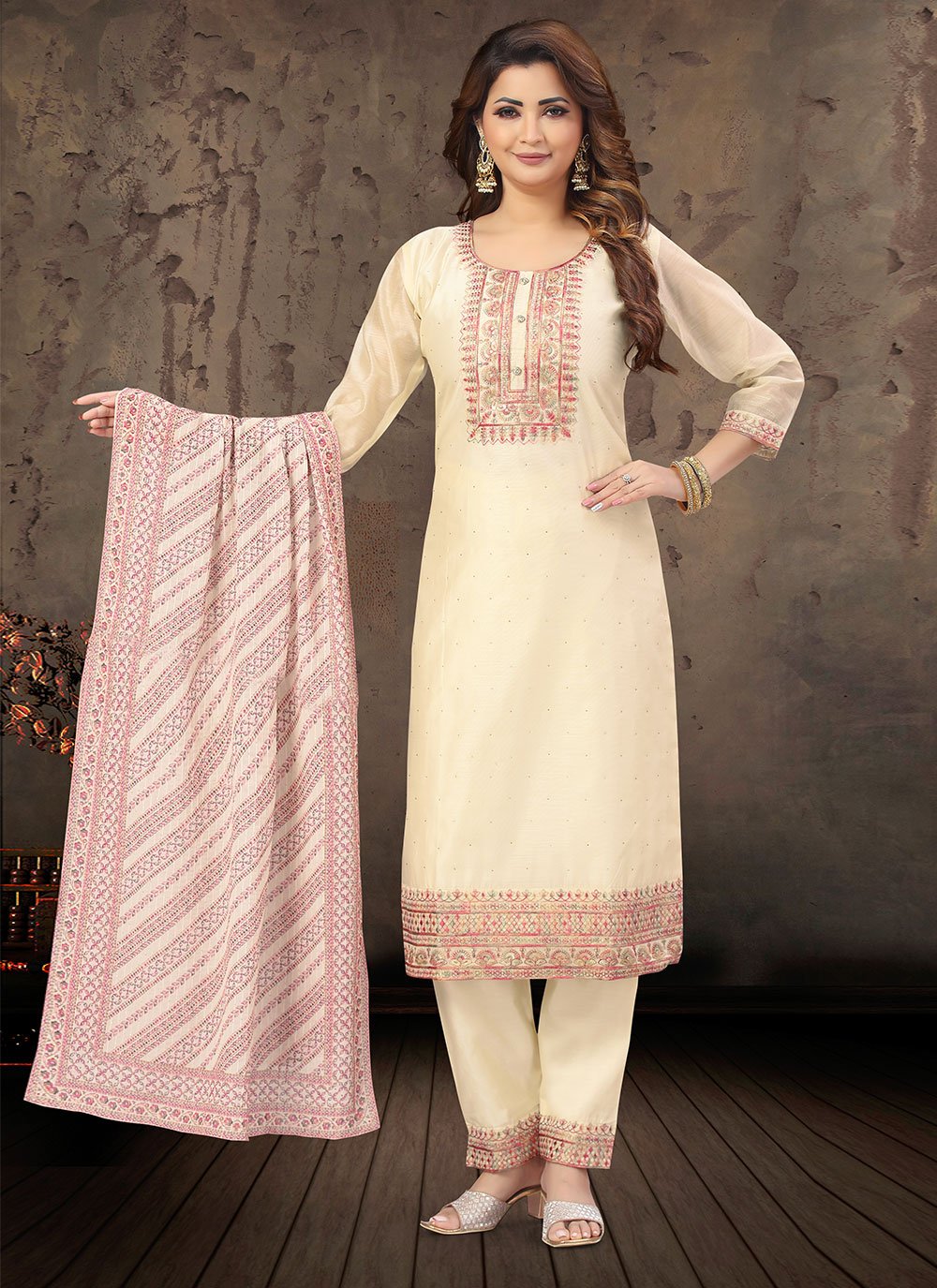 Cream Color Silk Pant Style Salwar Kameez