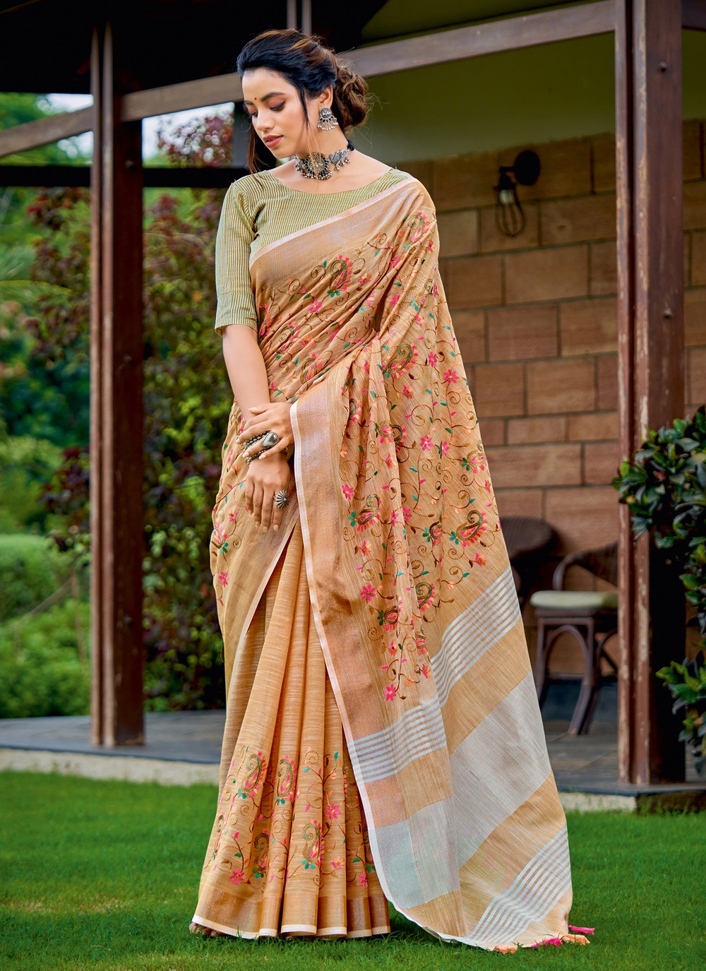 RBS20010 Cream and Gold Faux Chiffon Saree with Stitched Blouse 