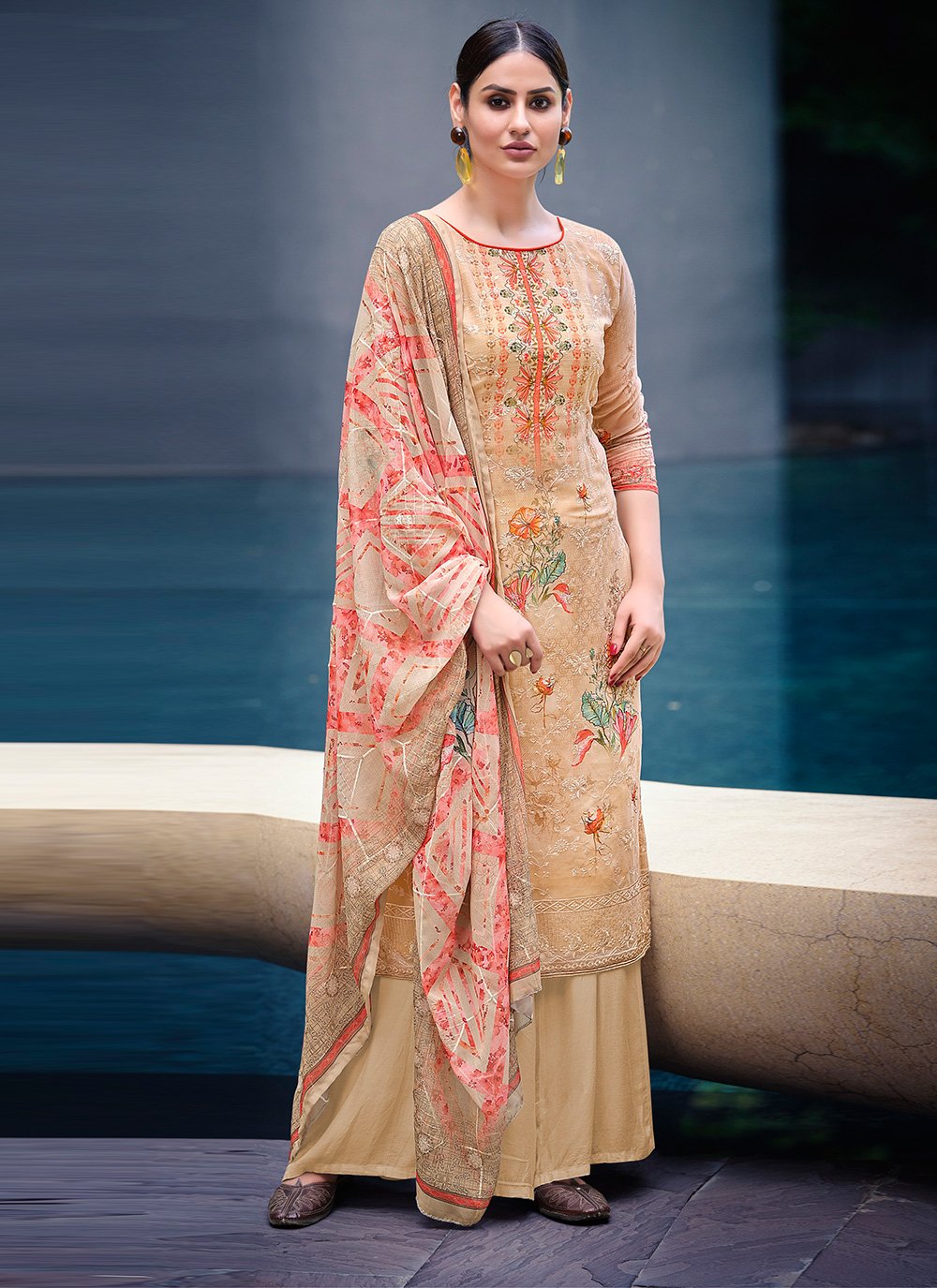 Cream Digital Print Mehndi Salwar Suit
