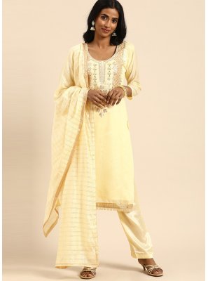 Cream Embroidered Chanderi Designer Straight Suit
