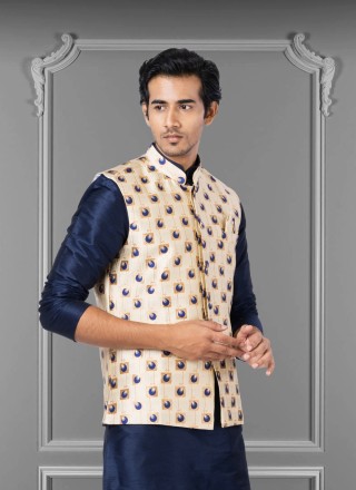 Cream Embroidered Jacquard Silk Nehru Jackets