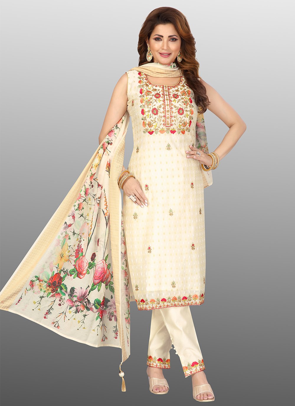 Cream Embroidered Readymade Designer Salwar Suit