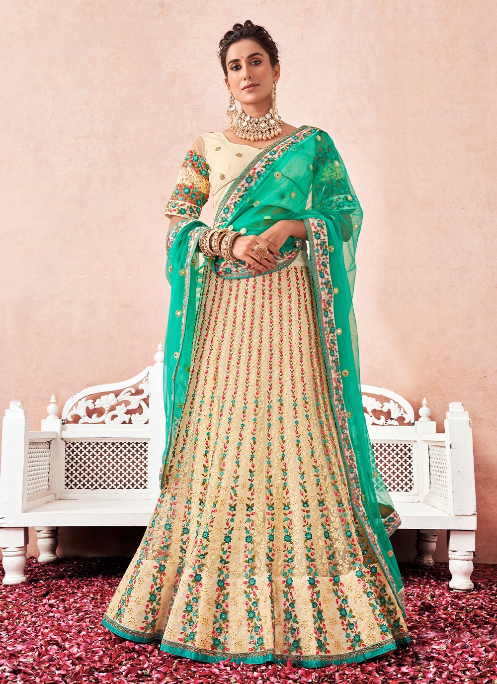 Cream Wedding Lehenga Choli in Net with Embroidered - LC7263