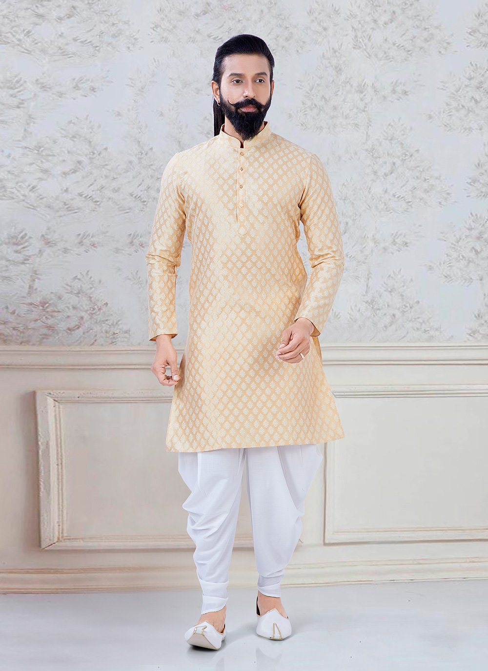 Cream Fancy Jacquard Silk Dhoti Kurta