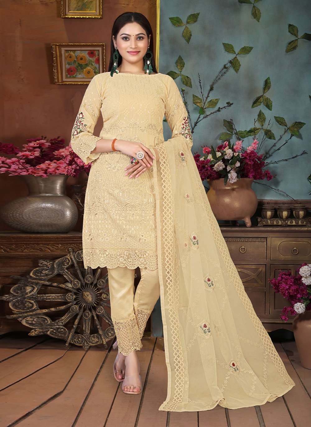 Cream Faux Georgette Embroidered Straight Salwar Suit