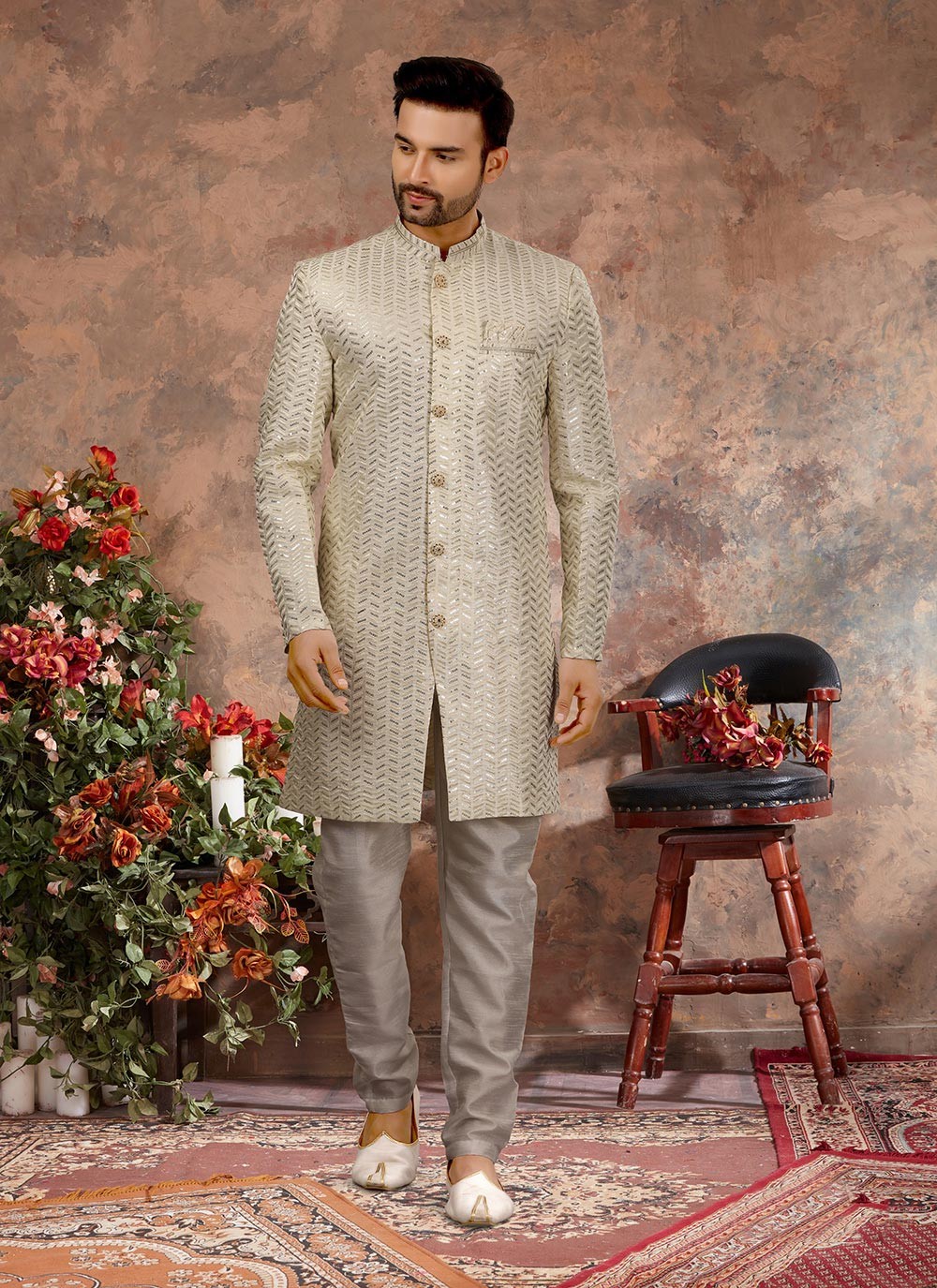 Buy Cream Jacquard Engagement Indo Western Sherwani Online 220355