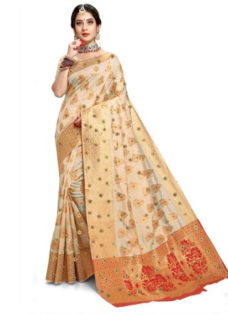 Cream Kanjivaram Silk Designer Saree