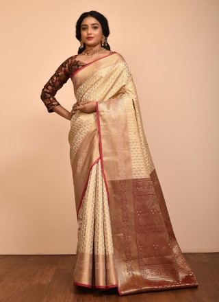 Cream Silk Designer Saree