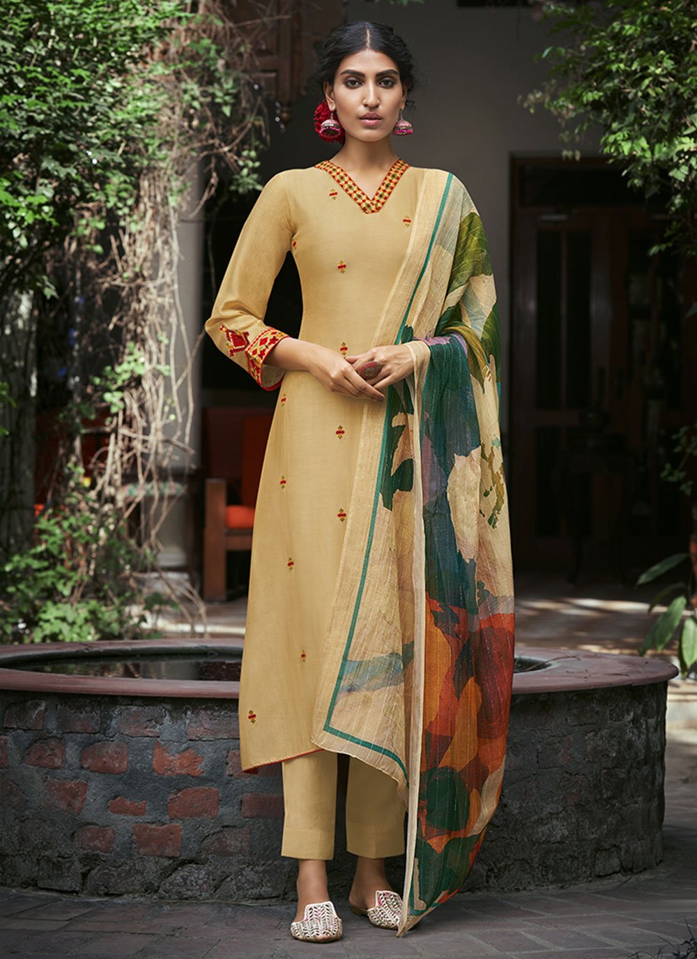 Cream Silk Embroidered Pant Style Suit
