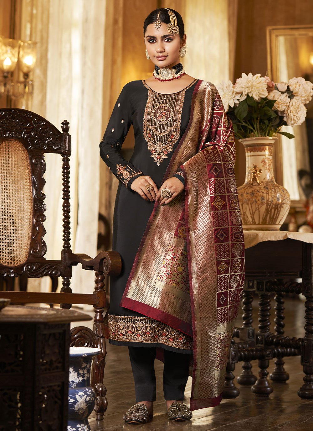 Crepe Silk Embroidered Straight Salwar Suit in Grey