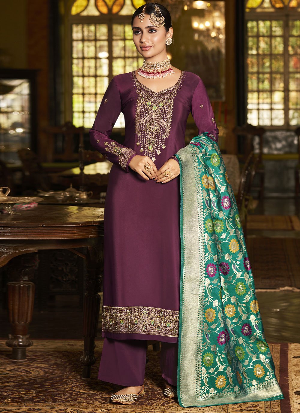 Crepe Silk Purple Embroidered Straight Salwar Suit