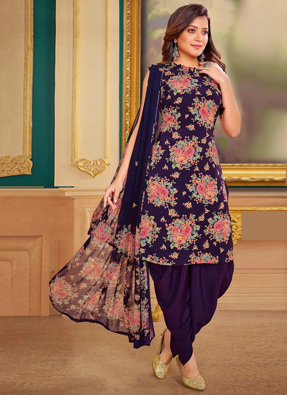 Crepe Silk Purple Printed Punjabi Suit