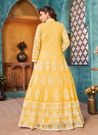 Designer Floor Length Suit Cord Net in Yellow